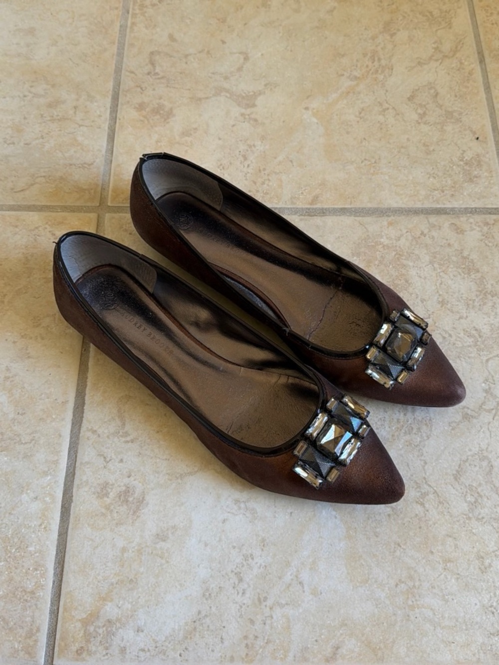 Audrey Brooke Brown Pointed-Toe Jeweled Flats